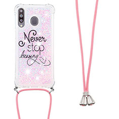 Silicone Candy Rubber TPU Bling-Bling Soft Case Cover with Lanyard Strap S02 for Samsung Galaxy A40s Pink