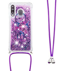 Silicone Candy Rubber TPU Bling-Bling Soft Case Cover with Lanyard Strap S02 for Samsung Galaxy A40s Purple