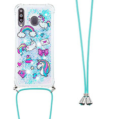 Silicone Candy Rubber TPU Bling-Bling Soft Case Cover with Lanyard Strap S02 for Samsung Galaxy A40s Sky Blue