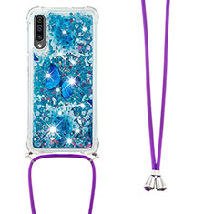 Silicone Candy Rubber TPU Bling-Bling Soft Case Cover with Lanyard Strap S02 for Samsung Galaxy A50S Blue
