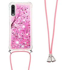Silicone Candy Rubber TPU Bling-Bling Soft Case Cover with Lanyard Strap S02 for Samsung Galaxy A50S Hot Pink