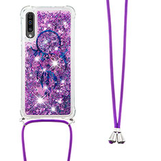 Silicone Candy Rubber TPU Bling-Bling Soft Case Cover with Lanyard Strap S02 for Samsung Galaxy A50S Purple