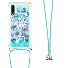 Silicone Candy Rubber TPU Bling-Bling Soft Case Cover with Lanyard Strap S02 for Samsung Galaxy A50S Sky Blue