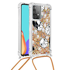 Silicone Candy Rubber TPU Bling-Bling Soft Case Cover with Lanyard Strap S02 for Samsung Galaxy A52 4G Gold