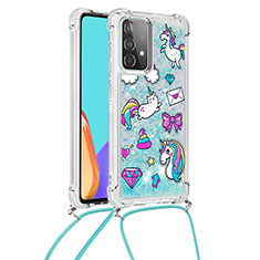 Silicone Candy Rubber TPU Bling-Bling Soft Case Cover with Lanyard Strap S02 for Samsung Galaxy A52 4G Sky Blue