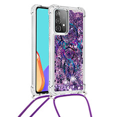 Silicone Candy Rubber TPU Bling-Bling Soft Case Cover with Lanyard Strap S02 for Samsung Galaxy A52 5G Purple