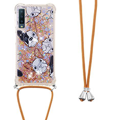 Silicone Candy Rubber TPU Bling-Bling Soft Case Cover with Lanyard Strap S02 for Samsung Galaxy A7 (2018) A750 Gold