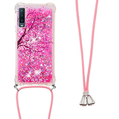 Silicone Candy Rubber TPU Bling-Bling Soft Case Cover with Lanyard Strap S02 for Samsung Galaxy A7 (2018) A750 Hot Pink