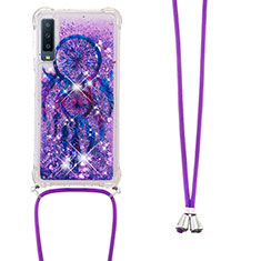Silicone Candy Rubber TPU Bling-Bling Soft Case Cover with Lanyard Strap S02 for Samsung Galaxy A7 (2018) A750 Purple