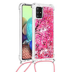 Silicone Candy Rubber TPU Bling-Bling Soft Case Cover with Lanyard Strap S02 for Samsung Galaxy A71 5G Hot Pink