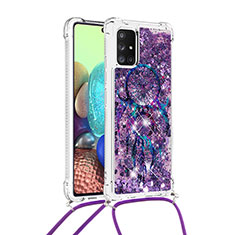 Silicone Candy Rubber TPU Bling-Bling Soft Case Cover with Lanyard Strap S02 for Samsung Galaxy A71 5G Purple