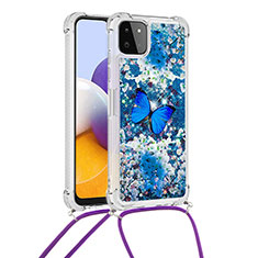 Silicone Candy Rubber TPU Bling-Bling Soft Case Cover with Lanyard Strap S02 for Samsung Galaxy F42 5G Blue