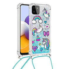 Silicone Candy Rubber TPU Bling-Bling Soft Case Cover with Lanyard Strap S02 for Samsung Galaxy F42 5G Sky Blue