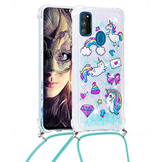 Silicone Candy Rubber TPU Bling-Bling Soft Case Cover with Lanyard Strap S02 for Samsung Galaxy M21 Sky Blue