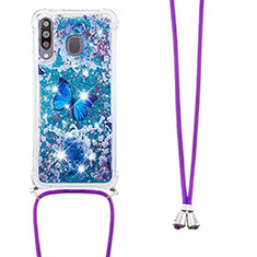 Silicone Candy Rubber TPU Bling-Bling Soft Case Cover with Lanyard Strap S02 for Samsung Galaxy M30 Blue