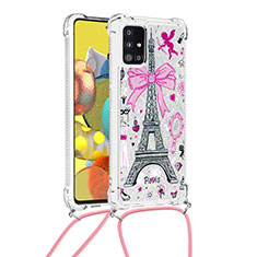 Silicone Candy Rubber TPU Bling-Bling Soft Case Cover with Lanyard Strap S02 for Samsung Galaxy M40S Pink