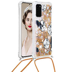 Silicone Candy Rubber TPU Bling-Bling Soft Case Cover with Lanyard Strap S02 for Samsung Galaxy S20 Gold