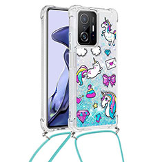 Silicone Candy Rubber TPU Bling-Bling Soft Case Cover with Lanyard Strap S02 for Xiaomi Mi 11T Pro 5G Sky Blue