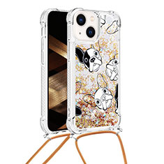 Silicone Candy Rubber TPU Bling-Bling Soft Case Cover with Lanyard Strap S03 for Apple iPhone 15 Gold