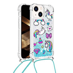 Silicone Candy Rubber TPU Bling-Bling Soft Case Cover with Lanyard Strap S03 for Apple iPhone 15 Mint Blue