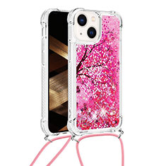 Silicone Candy Rubber TPU Bling-Bling Soft Case Cover with Lanyard Strap S03 for Apple iPhone 15 Plus Hot Pink