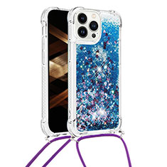 Silicone Candy Rubber TPU Bling-Bling Soft Case Cover with Lanyard Strap S03 for Apple iPhone 15 Pro Blue