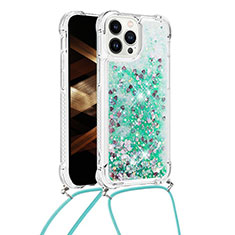 Silicone Candy Rubber TPU Bling-Bling Soft Case Cover with Lanyard Strap S03 for Apple iPhone 15 Pro Green