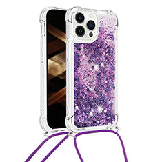 Silicone Candy Rubber TPU Bling-Bling Soft Case Cover with Lanyard Strap S03 for Apple iPhone 15 Pro Max Purple