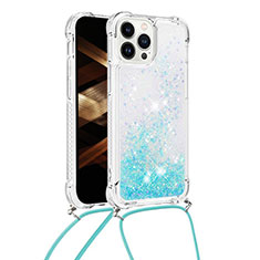 Silicone Candy Rubber TPU Bling-Bling Soft Case Cover with Lanyard Strap S03 for Apple iPhone 15 Pro Max Sky Blue