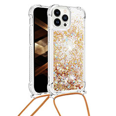 Silicone Candy Rubber TPU Bling-Bling Soft Case Cover with Lanyard Strap S03 for Apple iPhone 16 Pro Gold