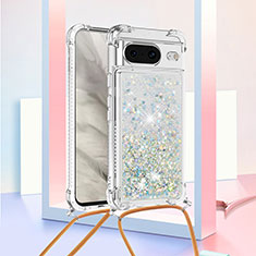 Silicone Candy Rubber TPU Bling-Bling Soft Case Cover with Lanyard Strap S03 for Google Pixel 8 5G Silver