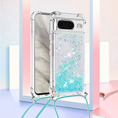 Silicone Candy Rubber TPU Bling-Bling Soft Case Cover with Lanyard Strap S03 for Google Pixel 8 5G Sky Blue