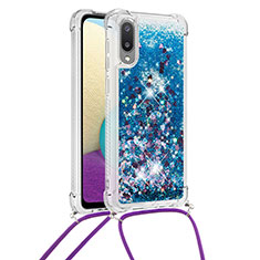 Silicone Candy Rubber TPU Bling-Bling Soft Case Cover with Lanyard Strap S03 for Samsung Galaxy A02 Blue