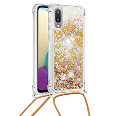Silicone Candy Rubber TPU Bling-Bling Soft Case Cover with Lanyard Strap S03 for Samsung Galaxy A02 Gold