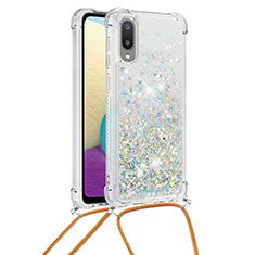 Silicone Candy Rubber TPU Bling-Bling Soft Case Cover with Lanyard Strap S03 for Samsung Galaxy A02 Silver