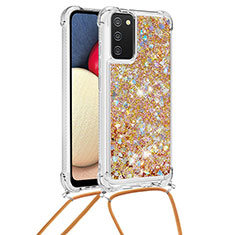 Silicone Candy Rubber TPU Bling-Bling Soft Case Cover with Lanyard Strap S03 for Samsung Galaxy A03s Gold