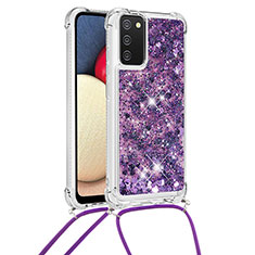 Silicone Candy Rubber TPU Bling-Bling Soft Case Cover with Lanyard Strap S03 for Samsung Galaxy A03s Purple