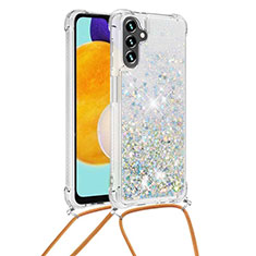 Silicone Candy Rubber TPU Bling-Bling Soft Case Cover with Lanyard Strap S03 for Samsung Galaxy A04s Silver