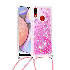 Silicone Candy Rubber TPU Bling-Bling Soft Case Cover with Lanyard Strap S03 for Samsung Galaxy A10s Hot Pink