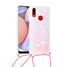 Silicone Candy Rubber TPU Bling-Bling Soft Case Cover with Lanyard Strap S03 for Samsung Galaxy A10s Pink