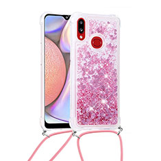 Silicone Candy Rubber TPU Bling-Bling Soft Case Cover with Lanyard Strap S03 for Samsung Galaxy A10s Red