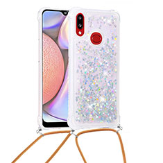 Silicone Candy Rubber TPU Bling-Bling Soft Case Cover with Lanyard Strap S03 for Samsung Galaxy A10s Silver