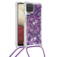 Silicone Candy Rubber TPU Bling-Bling Soft Case Cover with Lanyard Strap S03 for Samsung Galaxy A12 5G Purple