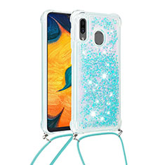 Silicone Candy Rubber TPU Bling-Bling Soft Case Cover with Lanyard Strap S03 for Samsung Galaxy A20 Sky Blue