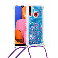 Silicone Candy Rubber TPU Bling-Bling Soft Case Cover with Lanyard Strap S03 for Samsung Galaxy A20s Blue