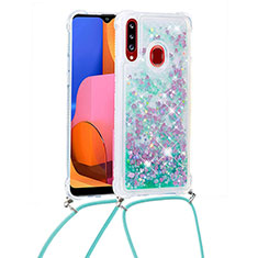 Silicone Candy Rubber TPU Bling-Bling Soft Case Cover with Lanyard Strap S03 for Samsung Galaxy A20s Green