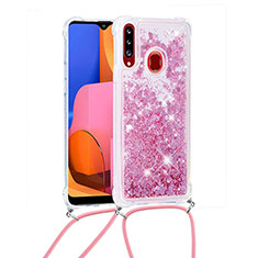 Silicone Candy Rubber TPU Bling-Bling Soft Case Cover with Lanyard Strap S03 for Samsung Galaxy A20s Red