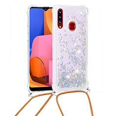 Silicone Candy Rubber TPU Bling-Bling Soft Case Cover with Lanyard Strap S03 for Samsung Galaxy A20s Silver