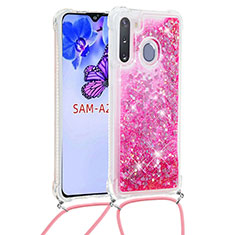 Silicone Candy Rubber TPU Bling-Bling Soft Case Cover with Lanyard Strap S03 for Samsung Galaxy A21 European Hot Pink