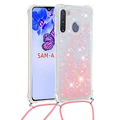 Silicone Candy Rubber TPU Bling-Bling Soft Case Cover with Lanyard Strap S03 for Samsung Galaxy A21 European Pink